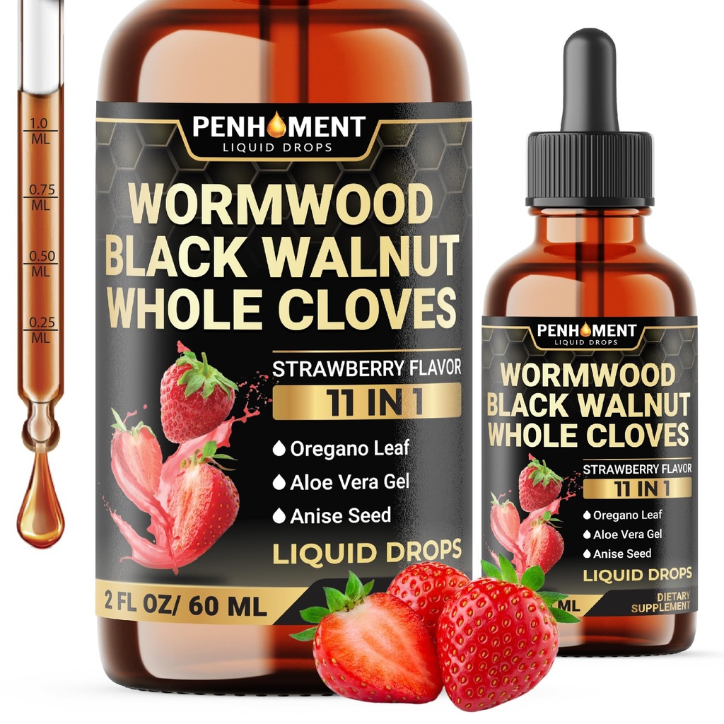 11in1 Wormwood Liquid Drops - Black Walnut Wormwood Liquid Extract with Whole Cloves, Reishi, Peppermint, Oregano, Aloe Vera, Anise Seed - 2 FL OZ - 60 Ημέρες Προσφορά - Flavor Φράουλα