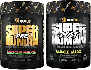ALPHA LION Superhuman Pre Processing Powder & Post Workout Recovery Bundle, Contentive Energy & Focus + Lean μυϊκή ανάπτυξη, δύναμη & όγκο (Muscle Melon & Muscle Marg)