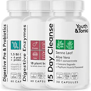 Youth & Tonic 15 Day Colon Cleanse Digestive Enzymes with Pre & Probiotics | for Digestion, Belly Bloat, Break Down Food, Gut Health and Regularity,150 Pills for Women & Men