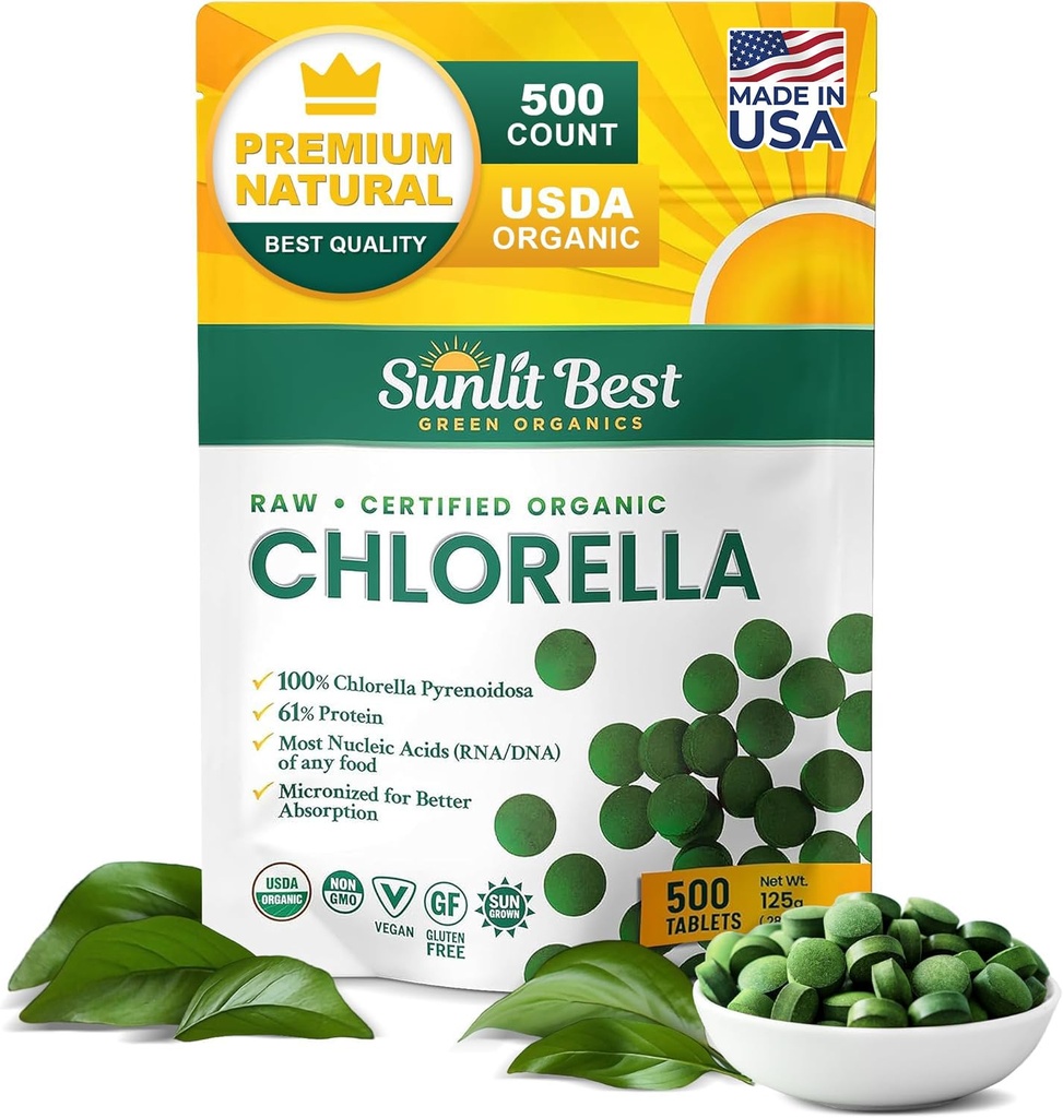 Sunlit Best USDA Organic Premium Chlorella Tablets 500 Tabs 