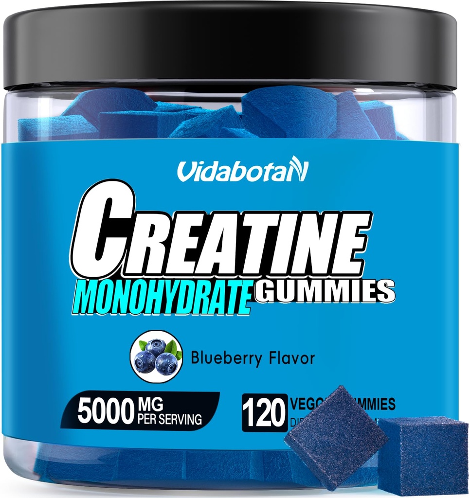 Creatine Monohydrate Gummies for Men & Women-5g Creatine Monohydrate per Serving- Αυξήστε τη δύναμη και την οικοδόμηση των μυών, χωρίς ζάχαρη, Vegan, Blueberry Γεύση, 120 Count,B571