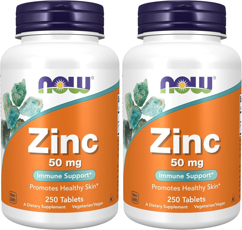 NOW Συμπληρώματα, Ψευδάργυρος (Zinc Gluconate) 50 mg, Υποστηρίζει τις Ενζύμες Λειτουργίες *, Ανοσολογική Υποστήριξη *, 250 Δισκία (Pack of 2)