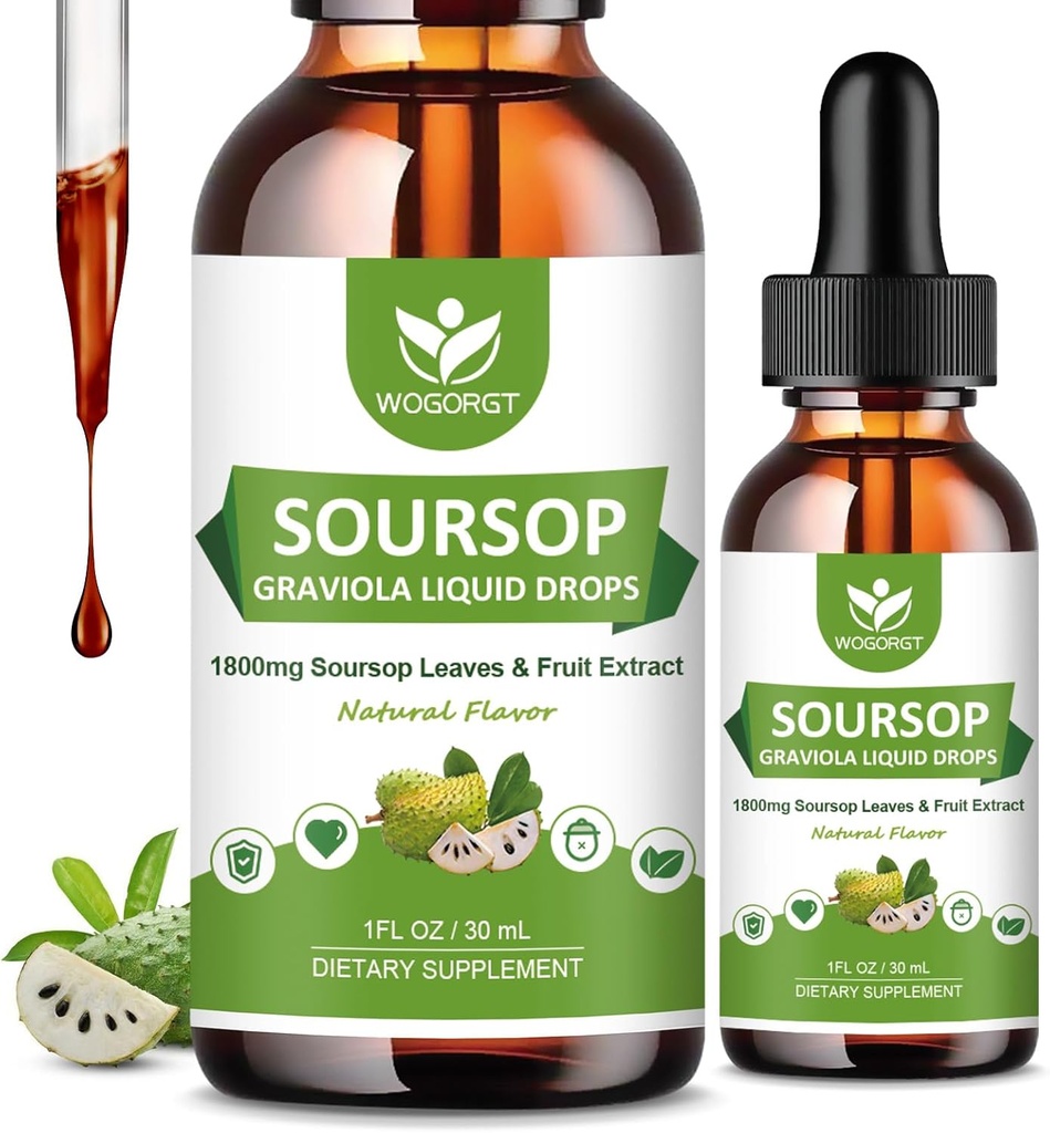 (2 Pack) Soursop Graviola Liquid Drops - 1800mg εκχύλισμα soursop - Υψηλή απορρόφηση Sour Sop Bitters Υγρό για την υποστήριξη & αναγέννηση κυττάρων, Ανοσοποιητική υποστήριξη, Αντιοξειδωτικό, Χαλάρωση, Χωρίς ζάχαρη - 1 Fl Oz
