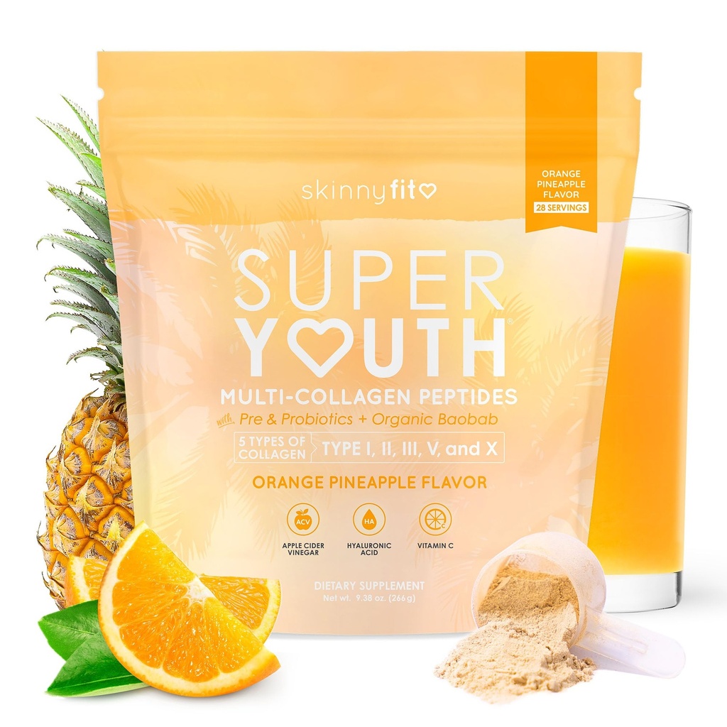 SkinnyFit - Super Youth Collagen for Women - Multi Collagen Peptides Peptides Powder - Probiotics, Fiber, Hyaluronic Acid - Non GMO, Gluten Free, Sugar Free - Beauty - Orange Pineapple (28 services)