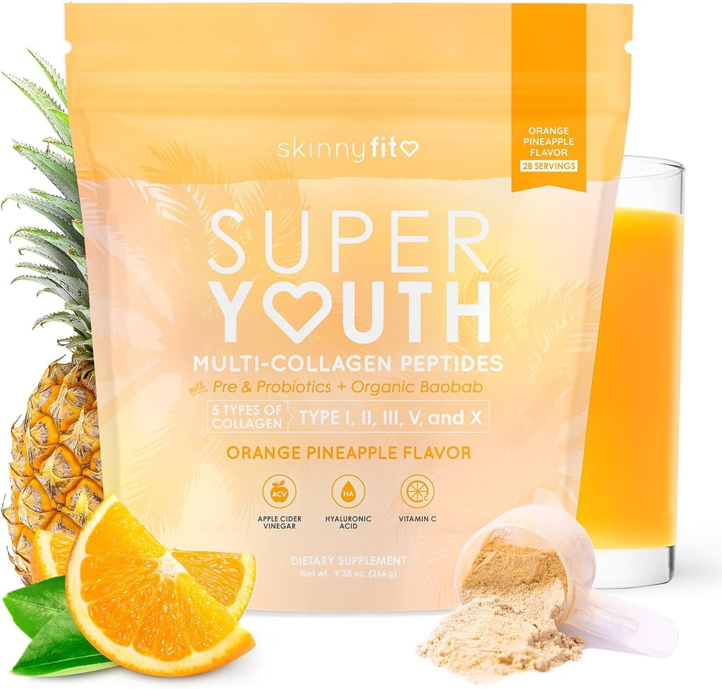 SkinnyFit - Super Youth Collagen for Women - Multi Collagen Peptides Powder - Probiotics, Fiber, Hyaluronic Acid - Non GMO, Gluten Free, Sugar Free - Beauty - Orange Pineapple (28 Servings)