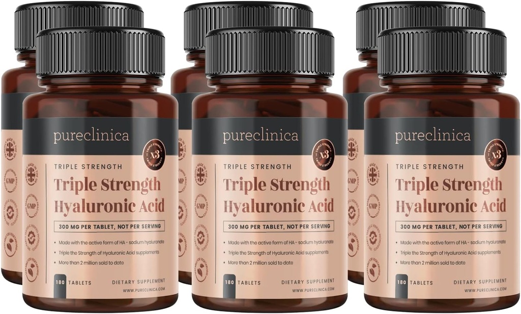 Pureclinica Hyaluronic Acid 300mg x 1080 δισκία (6 φιάλες των 180 δισκίων - 3 χρόνια προσφοράς). Τριπλή Δύναμη Υαλουρονικό οξύ. 300% ισχυρότερο από οποιοδήποτε άλλο δισκίο HLA