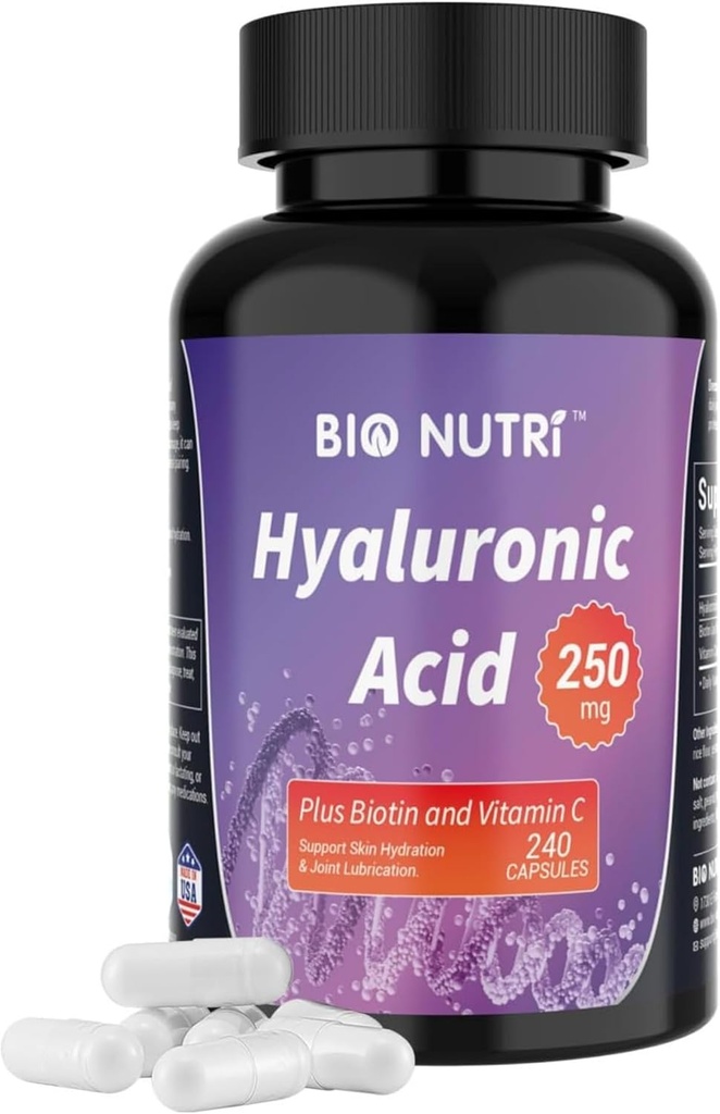 BIO NUTRI Hyaluronic Acid Supplements 250mg|240 Capsules，with Biotin 5000mcg & Vitamin C 25mg - Skin, Hair & Joint 3 in1 Support