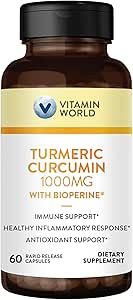 Vitamin World Turmeric Curcumin 1000mg, BioPerine Black Pepper Extract for Better Absorption, 95% Curcuminoids, Turmeric Supplement for Antioxidant & Joint Support, Gluten-Free, 60 Capsules