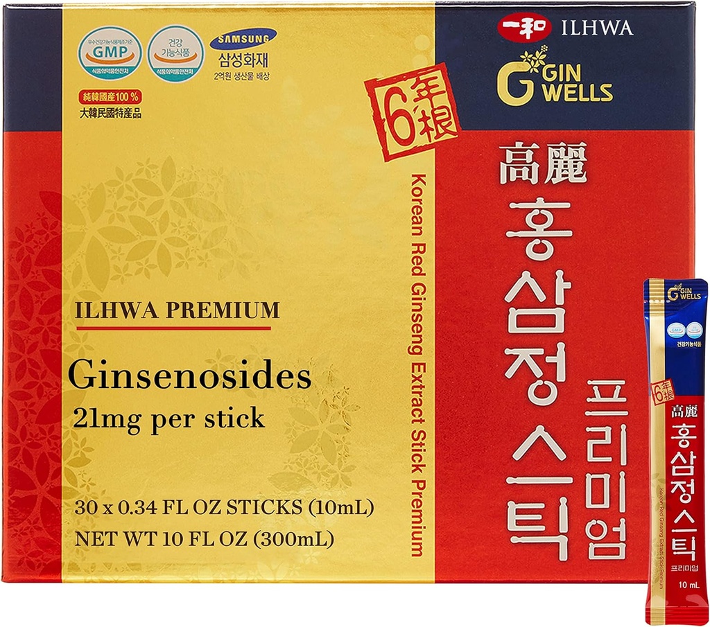 ILHWA Premium Korean Red Ginseng Extract Sticks (0.34fl oz X 30 Sticks) - for Immunity. Ginsenoside 21 mg per Serving