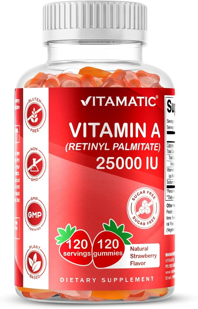 Vitamatic Sugar Free Vitamin A 25000 IU Gummies (Retinyl Palmitate) - Φυσικό άρωμα φράουλας - 120 Pectin Based Gummies (3 μπουκάλια)