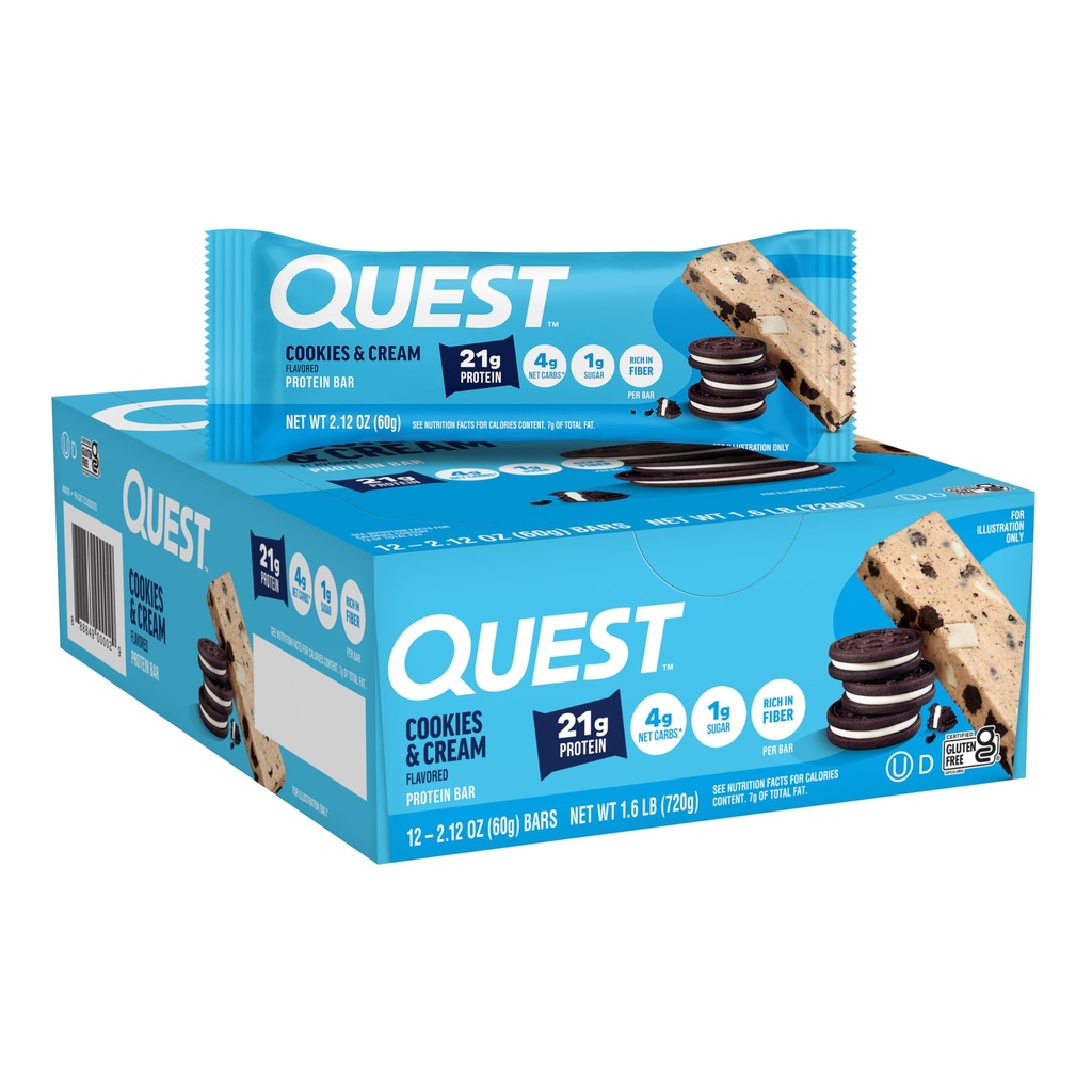 Quest Nutrition Cookies & Cream Protein Bars, 21g Protein, 1g Sugar, 4g Net Carb, High Fiber, Gluten Free, Keto Friendly, 12 Count