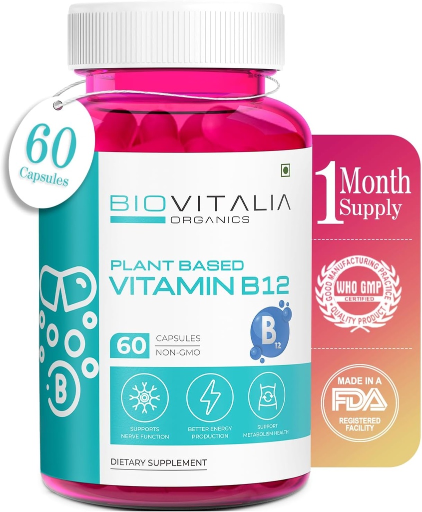 BIOVITALIA Βιταμίνη B12 Κάψουλες Συμπλήρωμα μεθυλοκοβαλαμίνη 1000mg Φυτικές Κάψουλες - Υποστηρίξτε τη λειτουργία νεύρων & Μεταβολισμός Εμπλουτισμένο με Σιτάρι Σπιρουλίνα Beetroot - 60 Vegan Caps