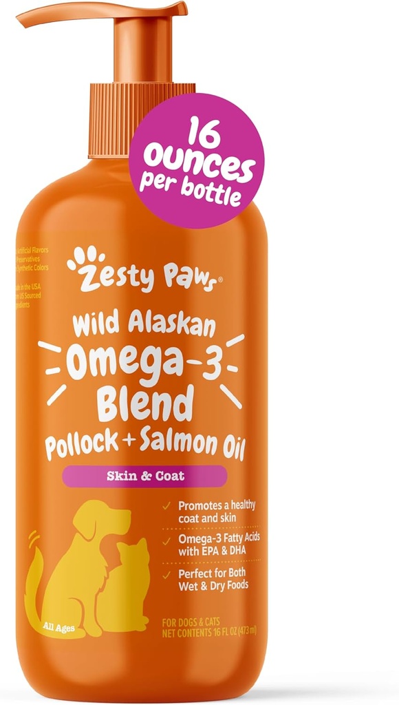 Zesty Paws Wild Alaska Omega-3 Blend Pollock + Λάδι σολομού για σκύλους και γάτες- το δέρμα και το παλτό υποστήριξη, Omega 3 συμπλήρωμα για κατοικίδια ζώα, 16oz