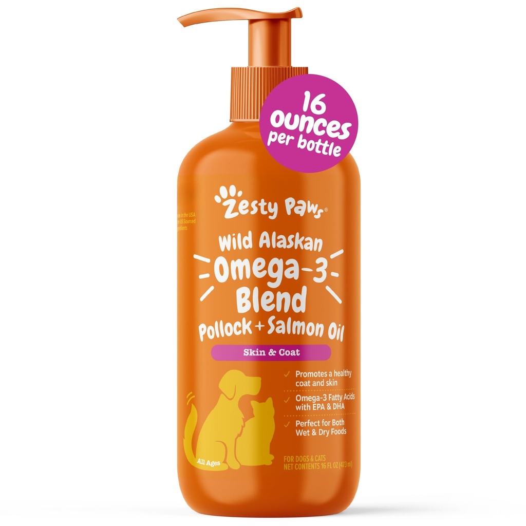 Zesty Paws Wild Alaska Omega-3 Blend Pollock + Λάδι σολομού για σκύλους και γάτες- το δέρμα και το παλτό υποστήριξη, Omega 3 συμπλήρωμα για κατοικίδια ζώα, 16oz