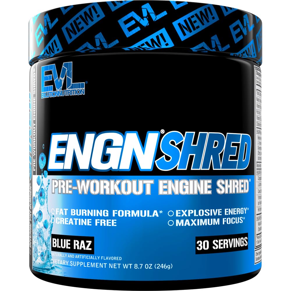 EVL Ultimate Preworkout Powder - Θερμογόνος καύση λίπους Υποστήριξη Preworkout Powder Drink for Lasting Energy Focus and Stamina - ENGN Shred Intense Creatine Free Preworkout Drink Mix - Μπλε Raz