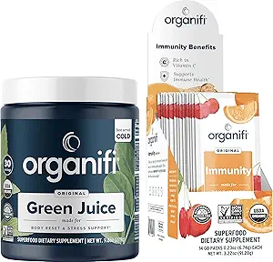 Organifi Green Juice Superfood Powder (30 Servings) and Immunity Drink Mix (14 Packets) Vitamin C, Vitamin D, Zinc, Detox Cleanse, Stress Relief and Immunity Support - Gluten Free, Vegan, Whole Food