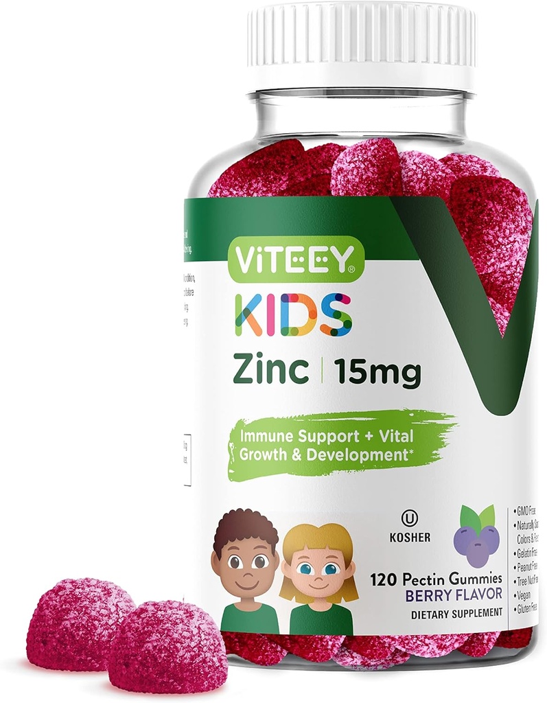 Viteey Zinc for Kids Gummies 15mg - Ανοσοποιητική Υποστήριξη για Παιδιά & Έφηβοι - Ισχυρό Φυσικό Αντιοξειδωτικό, Παιδικό Συμπλήρωμα Βιταμίνης Ψευδάργυρου - Vegan, Ζελατίνη Χωρίς Γλουτένη, Χωρίς Γλουτένη - Νόστιμο Cheastable Berry Flavor Gummy