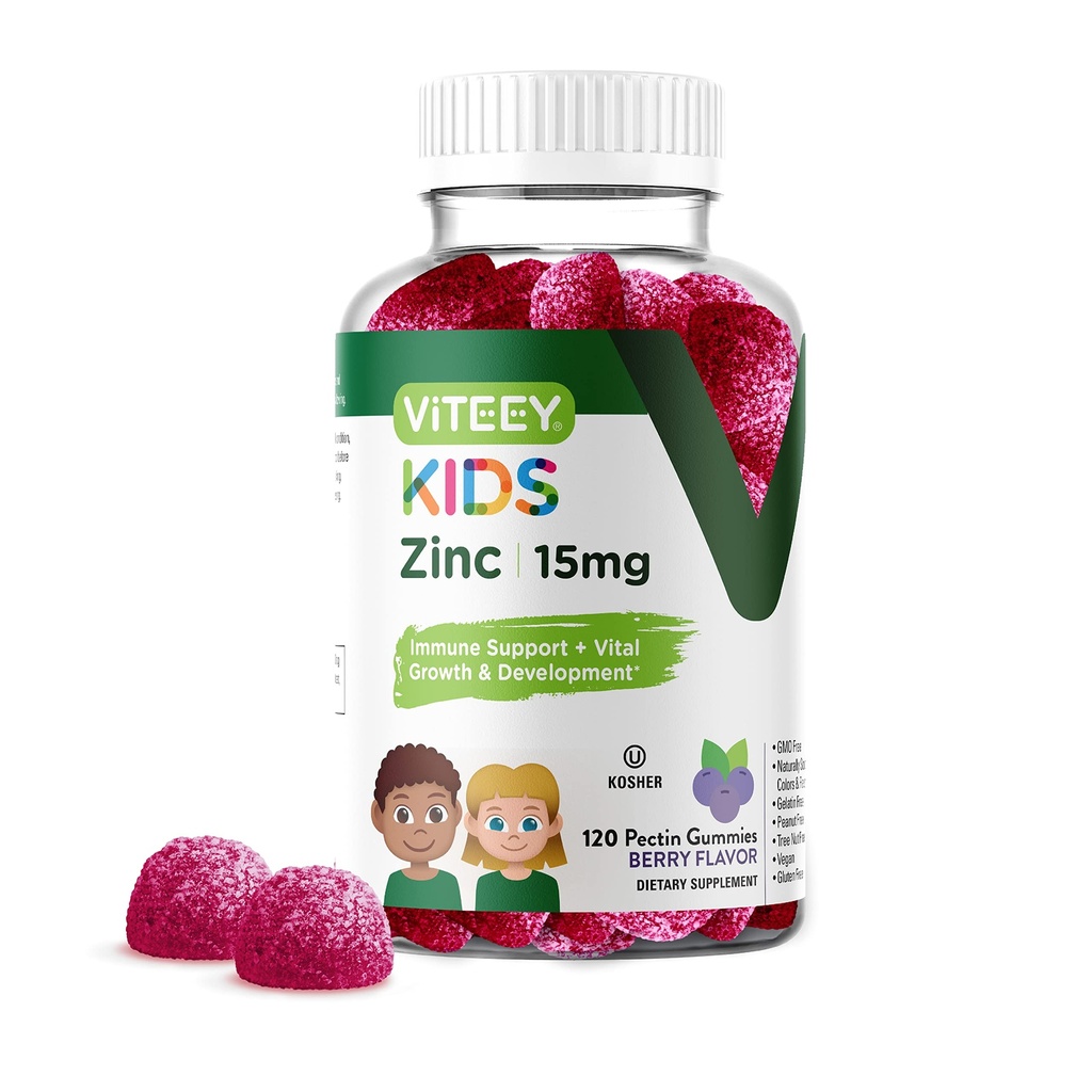 Viteey Zinc for Kids Gummies 15mg - Ανοσοποιητική Υποστήριξη για Παιδιά & Έφηβοι - Ισχυρό Φυσικό Αντιοξειδωτικό, Παιδικό Συμπλήρωμα Βιταμίνης Ψευδάργυρου - Vegan, Ζελατίνη Χωρίς Γλουτένη, Χωρίς Γλουτένη - Νόστιμο Cheastable Berry Flavor Gummy