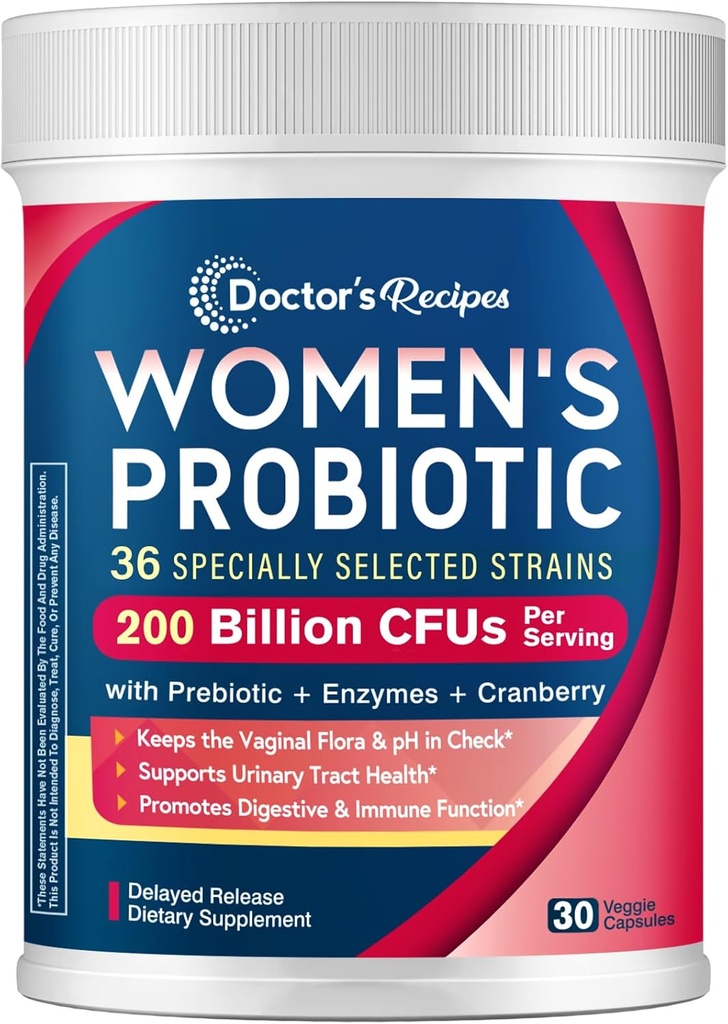 Doctor's Recipes Probiotics for Women, 200B CFUs 36 Strains, with Prebiotics, Enzymes & Cranberry, Κολπικό ουροποιητικό Digestive & Immune, Ράφι σταθερό, 30 Caps