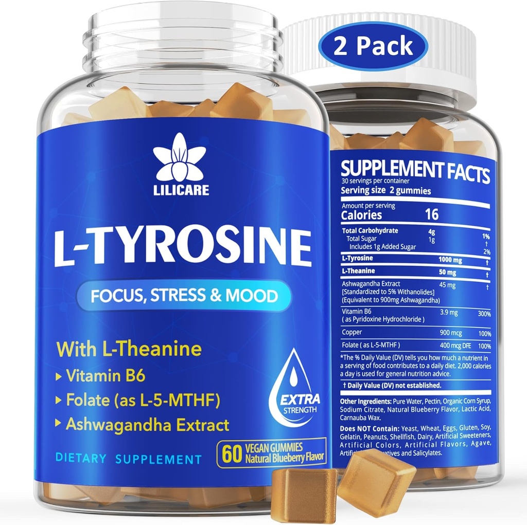 L Tyrosine Gummies 1100mg Mod Support Blend, με Ashwagandha, L-Θεανίνη, Βιταμίνη B Complex B6, Folate(Βιταμίνη B9), Focus & Memory, Cognition & Brain Function, Energy Boost, Stress Support, 2Pc/120ct