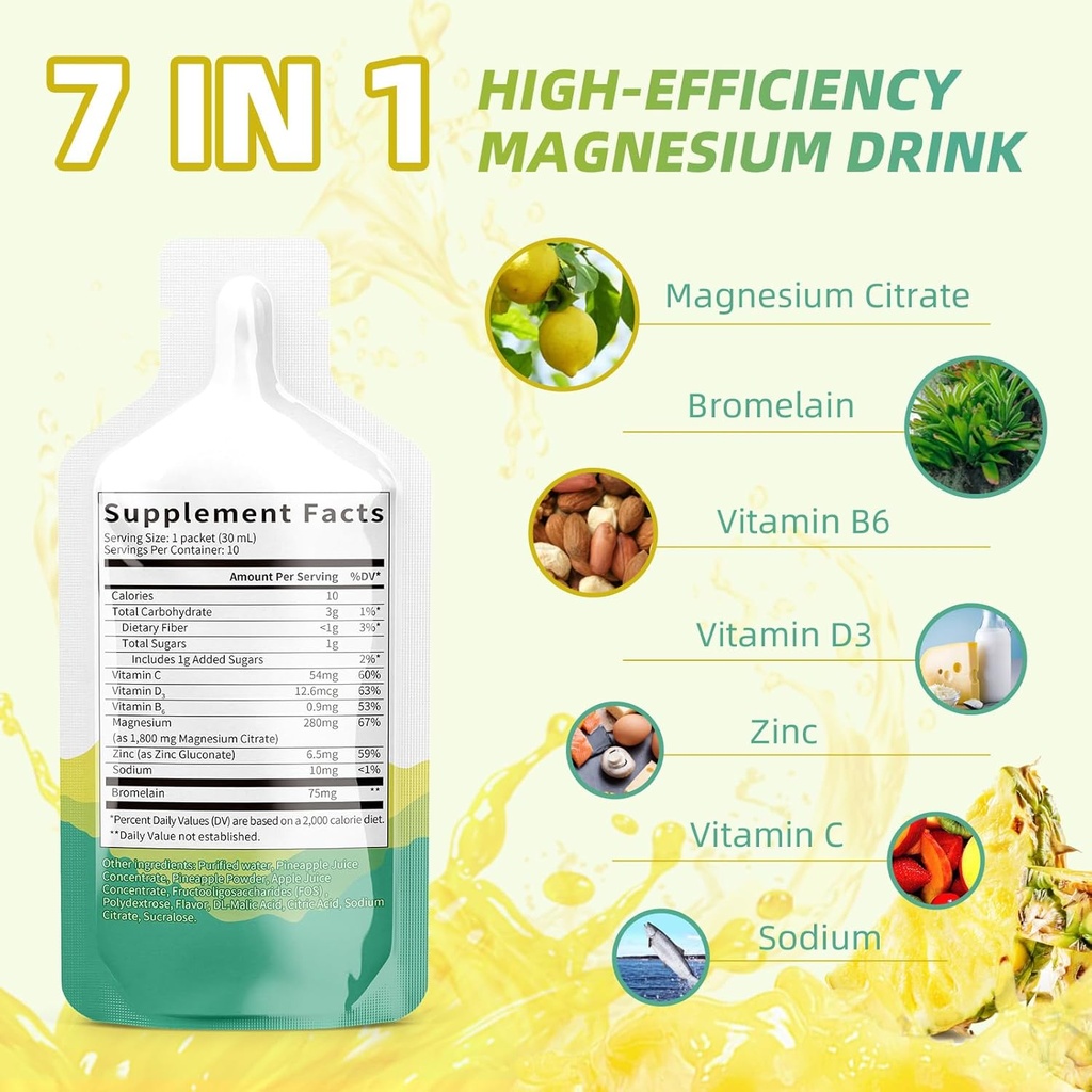 Συμπληρώματα υγρού κιτρικού μαγνησίου (10 Fl Oz), συμπλέγματος μαγνησίου πόσιμο/στοματικό διάλυμα με βιταμίνη Β, Zinc, νάτριο και βρωμελαΐνη για τον ύπνο, μουσική, καρδιά, υποστήριξη γλουτών (Pineapple)