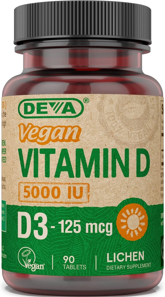 DEVA Βιταμίνη D3 5000 IU, Συμπλήρωμα Ηλιαχτίδας, 125 mcg Vegan D3, 90- Count φιάλη