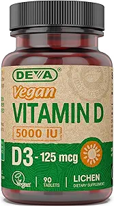 DEVA Βιταμίνη D3 5000 IU, Συμπλήρωμα Ηλιαχτίδας, 125 mcg Vegan D3, 90- Count φιάλη