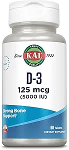 KAL Vitamin D3 5000 IU 125 mcg, Δισκία Υψηλής Ικανότητας Βιταμίνης D, Απορρόφηση ασβεστίου, Συμπλήρωμα Οστικής Υγείας και Ανοσολογικής Υποστήριξης, Ταχεία Αποσύνθεση D-3 ActivTabs, 60- Ημέρες Εγγύηση, 60 Serv, 60 Δισκία
