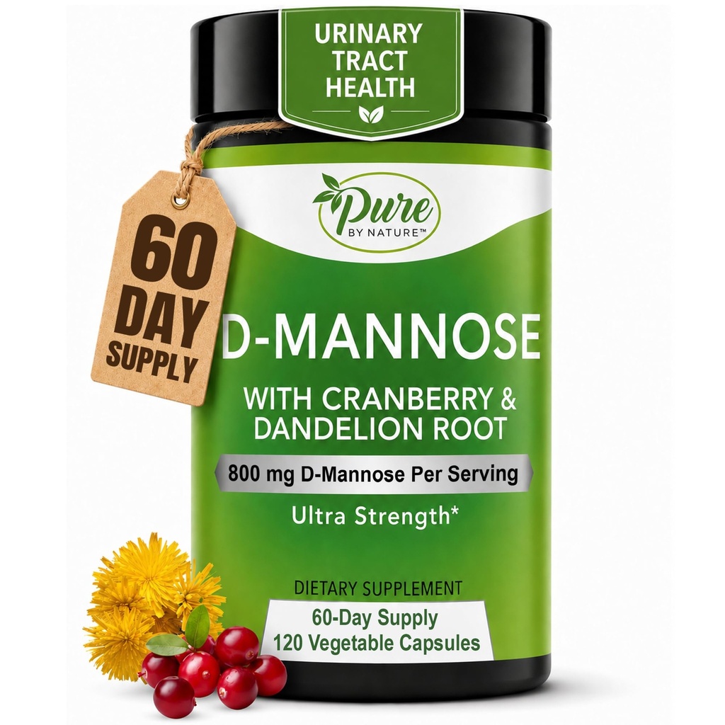 Pure By Nature D-Mannose Cranberry Capsules 800mg Per Serving, 60 Day Supply Dmannose Pills with Cranberry & Dandelion Extract, Urinary Tract Health Support, 120 Vegan Capsules