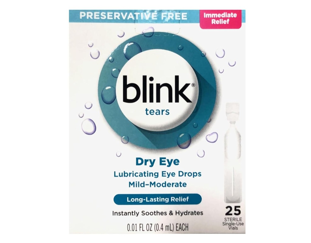 BLINK Δάκρυα Οφθαλμικές σταγόνες για ξηροφθαλμία, Συντηρητικές δωρεάν λιπαντικές σταγόνες ματιών, Στείρα Φιαλίδια ενιαίας χρήσης, Απαλή φροντίδα ματιών για ήπια έως μέτρια ξηροφθαλμία Συμπτώματα ανακούφιση, 25 κόμης, 0, 01 fl oz Vials