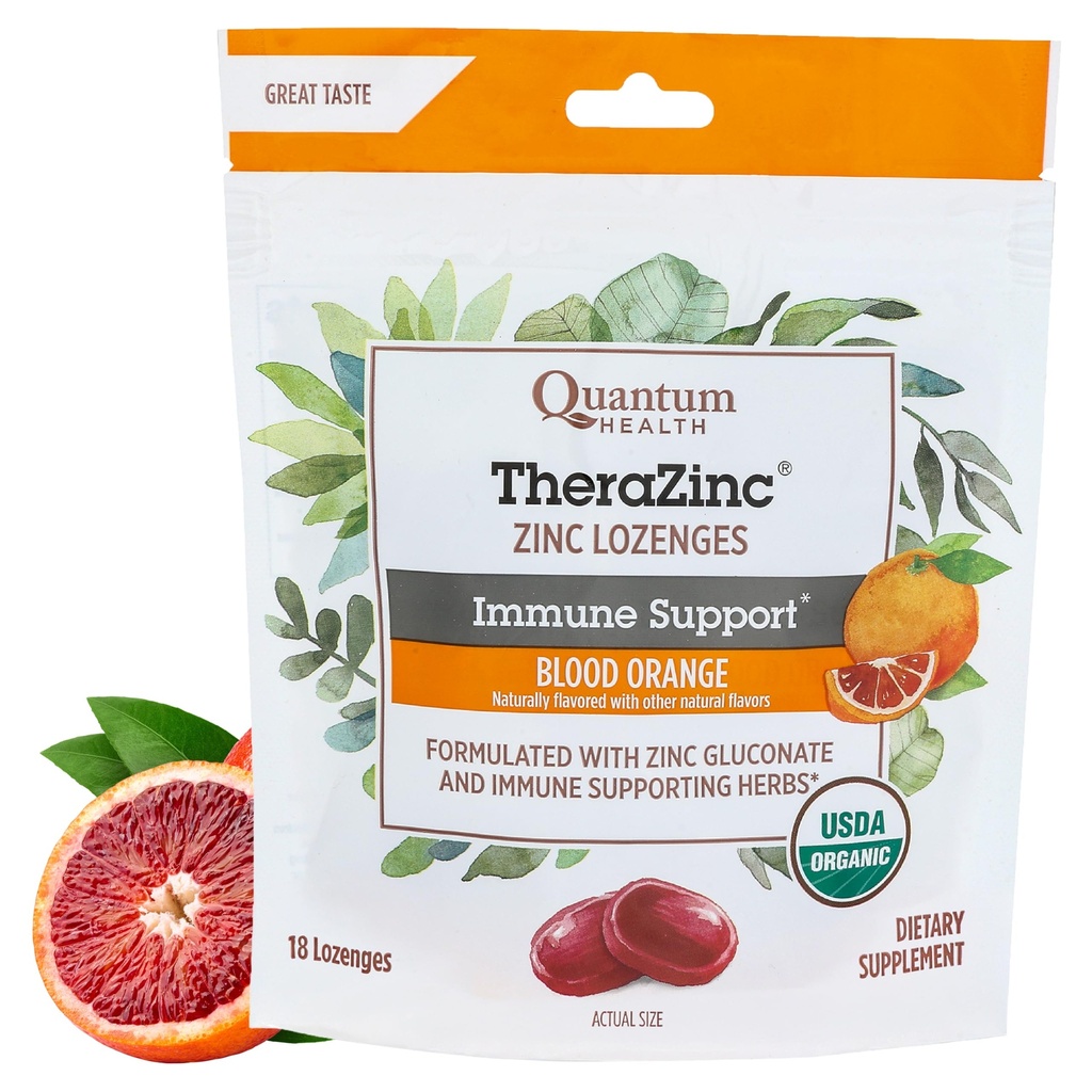 Quantum Health TheraZinc USDA Organic Blood Orange Zinc Lozenges For Adults and Kids, For Immune System Support, Individually Wrapped & Bagged, 18 Ct.