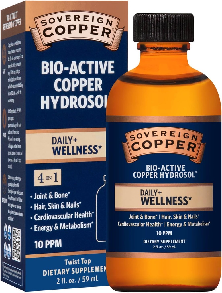 Sovereign Copper Professional 4-in-1 Wellness Support, Joint & Bone, Hair, Skin & Nails, Cardiovascular Health & Energy, Bio-Active Copper Hydrosol, 30 ppm, Liquid Twist Top, 2 Fl Oz (59 mL)