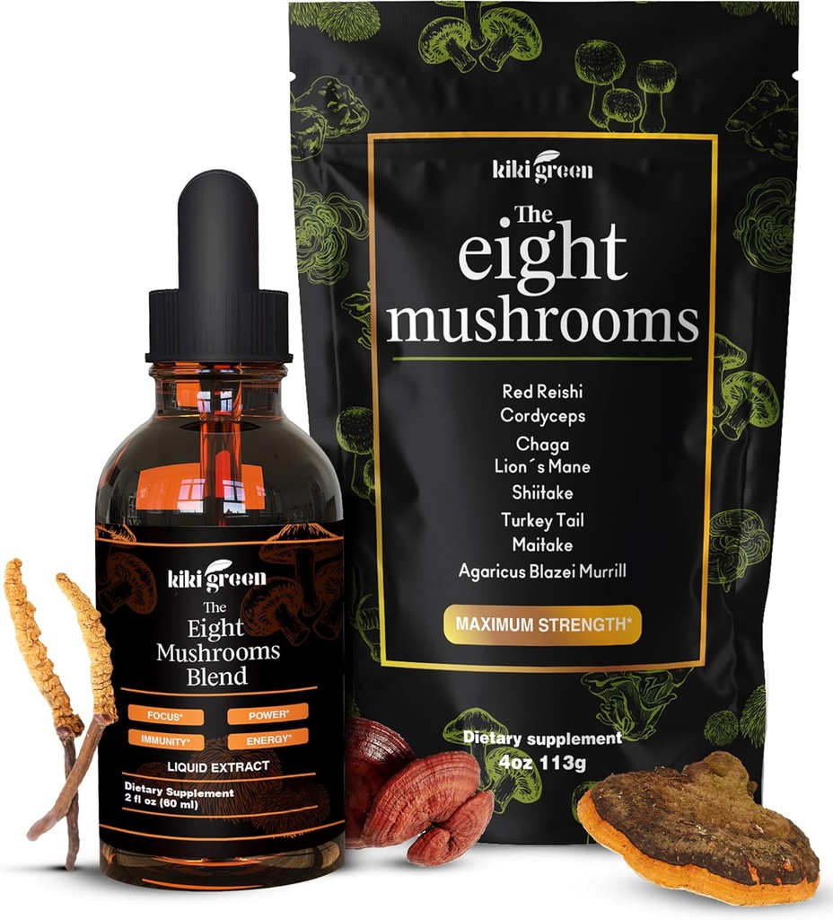 KIKI Green 8 Mushrooms Powder & Liquid Extract Bundle - Mushroom Supplement Complex for Focus & Energy - Lion's Mane, Chaga, Cordyceps, Turkey Tail, Reishi, Shiitake, Maitake - 4 oz, 2 fl oz
