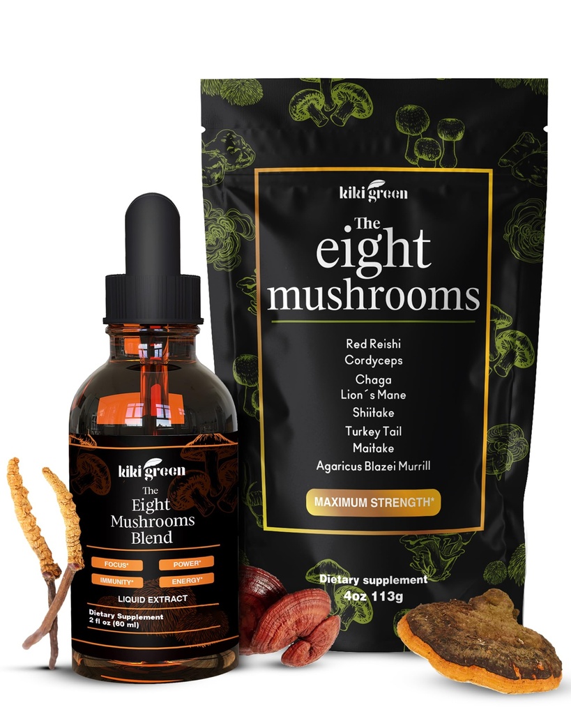 KIKI Green 8 Mushrooms Powder & Liquid Extract Bundle - Mushroom Supplement Complex for Focus & Energy - Lion's Mane, Chaga, Cordyceps, Turkey Tail, Reishi, Shiitake, Maitake - 4 oz, 2 fl oz