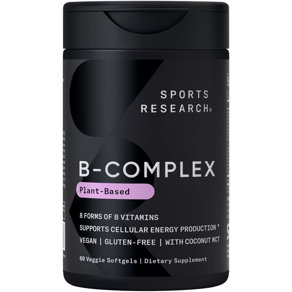 Sports Research® Vitamin B-Complex - Full Spectrum των βιταμινών Β με μεθυλιωμένο B12 & Folate - Χωρίς γλουτένη · Plant-Based · Non-GMO · Vegan-Friendly Formula - 60 Veggie Softgels