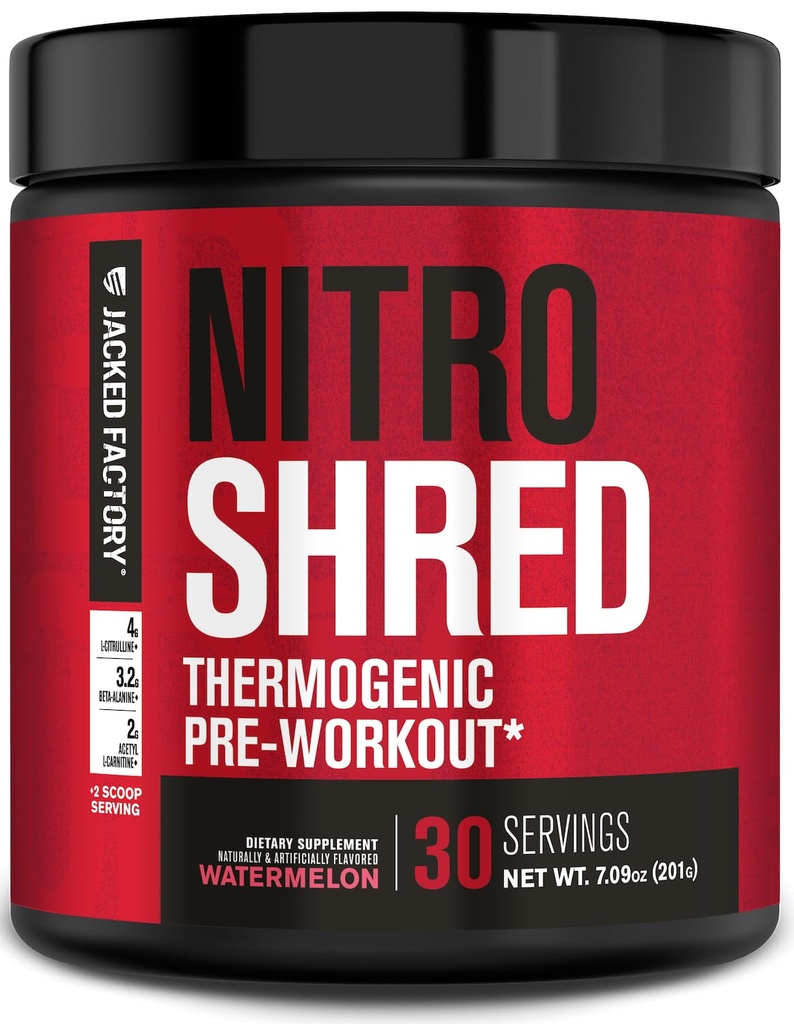 Jacked Factory NITROSURGE Shred Pre Workout Supplement - Ενεργειακός ενισχυτής, Άμεση αύξηση δύναμης, Sharp Focus, Ισχυρές αντλίες - Nitric Oxide Booster & PreWorkout Powder - 30Sv, Watermelon