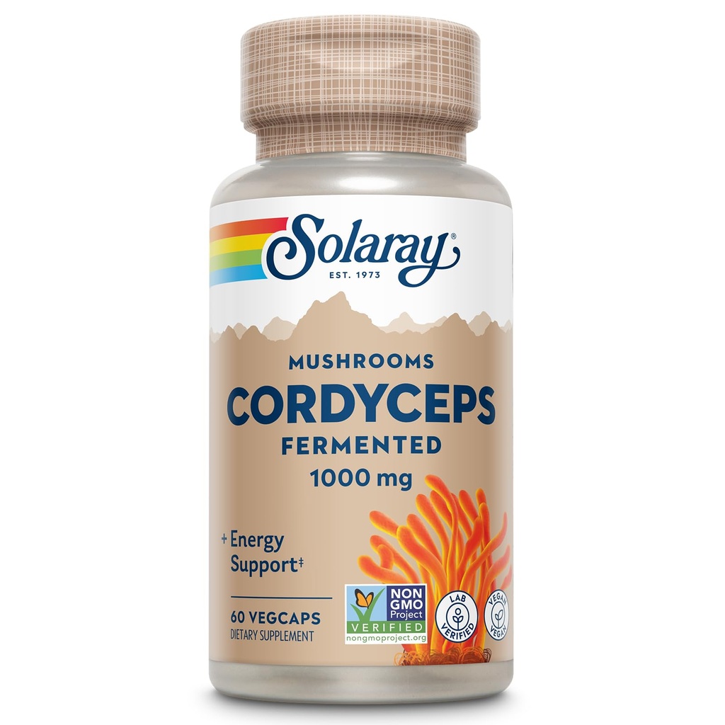 SOLARAY Fermented Cordyceps Mushroom 1000 mg - Healthy Energy Support - Fermented for Enhanced Absorption - Vegan, Non-GMO, Lab Verified - 30 Servings, 60 VegCaps