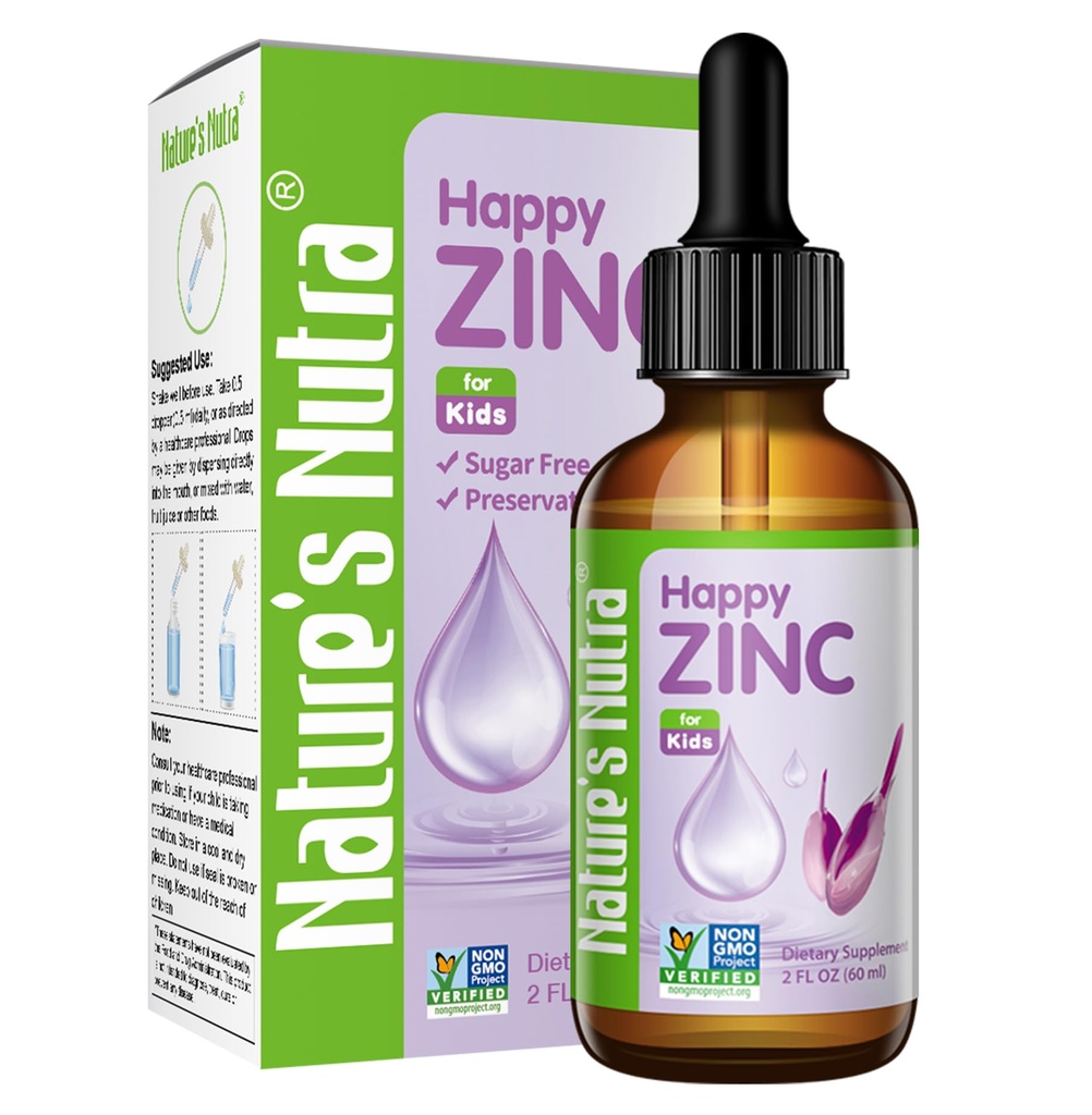 Nature's Nutra Happy Zinc, Premium Liquid Zinc για το μωρό, το βρέφος, τα παιδιά και τα παιδιά, TRAACS Χηλικός ψευδάργυρος, υψηλή βιοδιαθεσιμότητα, μη ΓΤΟ, Kosher, 2 fl. Oz (60ml)