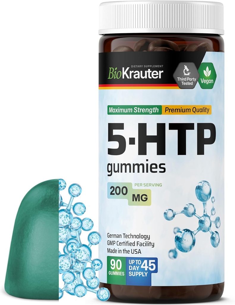 BIO KRAUTER 5 HTP συμπλήρωμα Gummies - 200 mg Δύναμη - 90 Vegan Chews - Υποστήριξη χαλάρωσης 5HTP Plus L συμπλήρωμα Τρυπτοφάνης - Pectin Based Formula