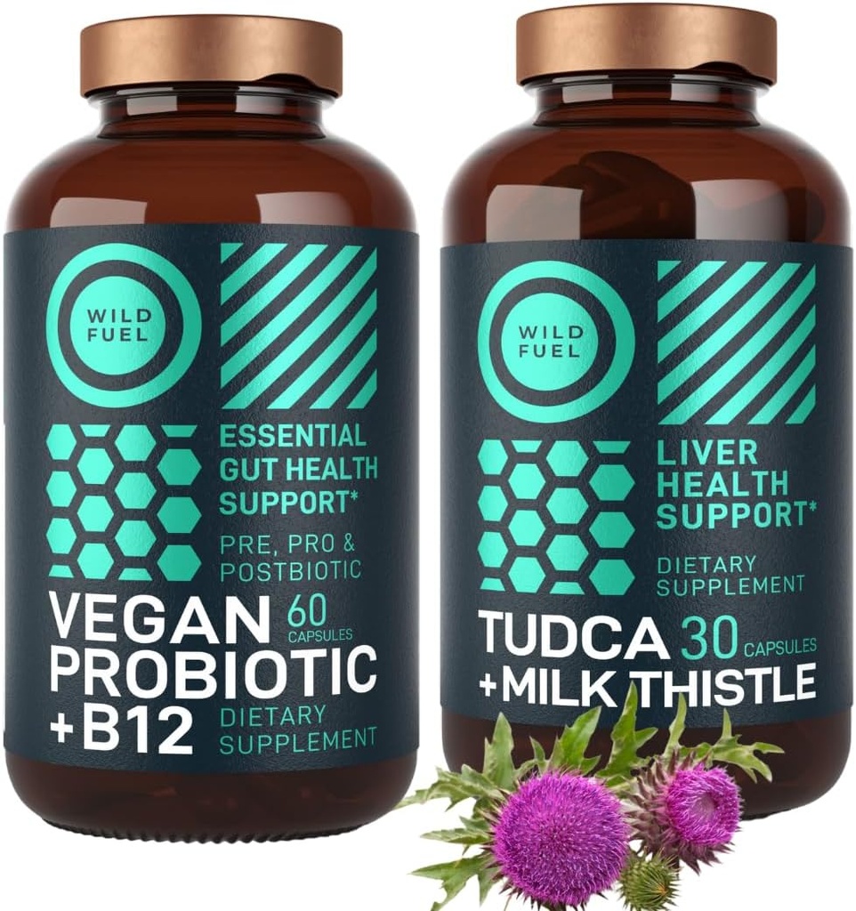 WILD FUEL TUDCA με το συμπλήρωμα γαϊδουράγκαθο γάλακτος και Vegan Probiotic Plus B12 General Liver Cleanse and Gut Health Bundle