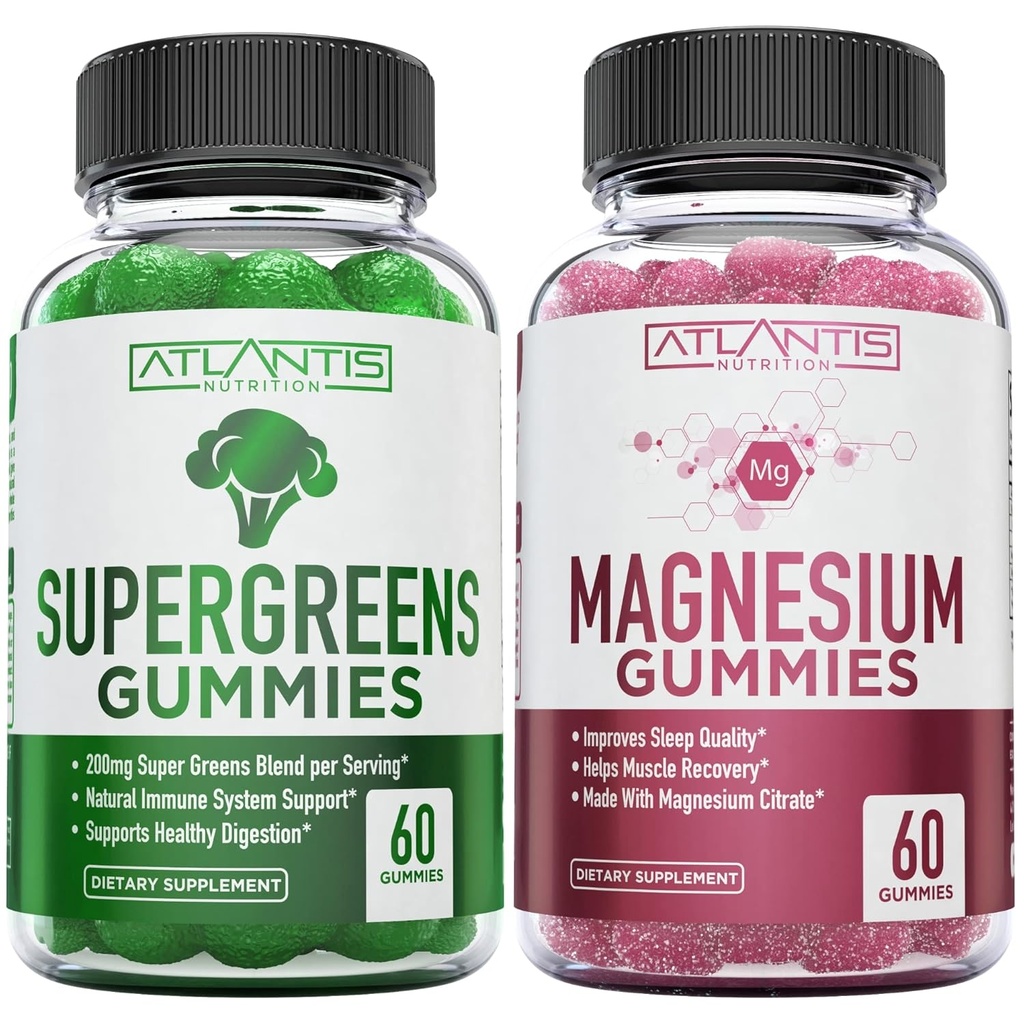 Supergreen & Magnesium Gummies - Μαγνήσιο βοηθά τους μυς Recover, Delicious Supergreens με σπανάκι, μπρόκολο, Beetroot, πράσινο τσάι, και Acai για την υποστήριξη της ασυλίας - 60 Gummies
