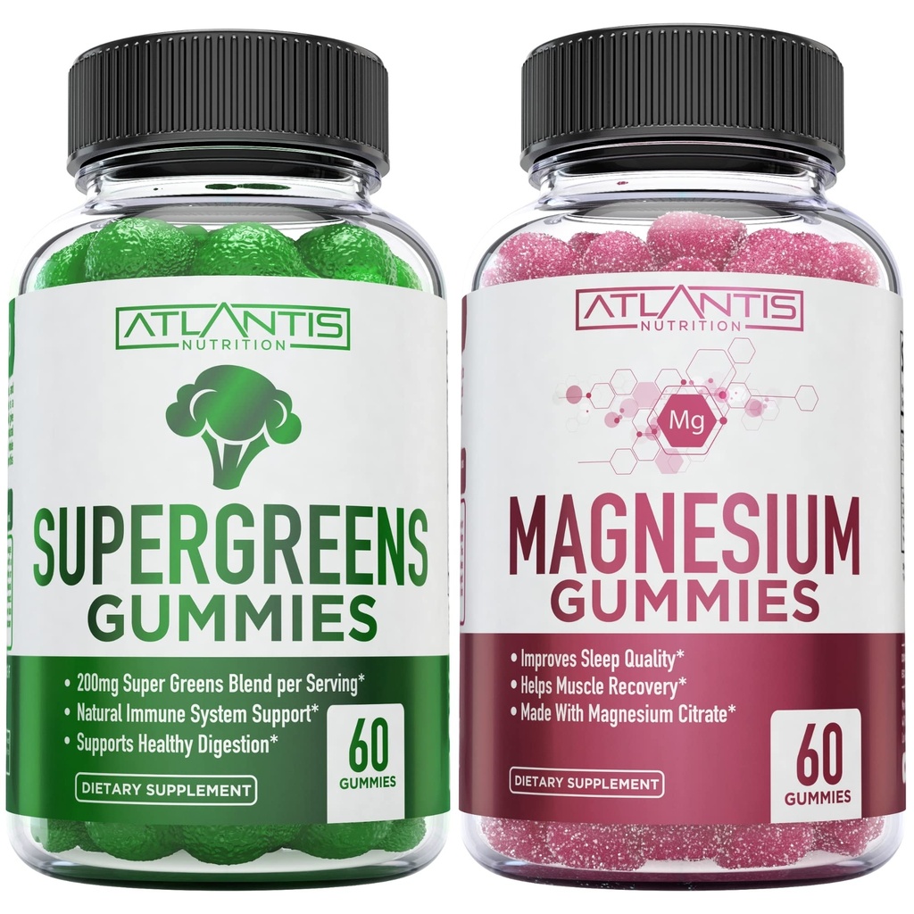 Supergreen & Magnesium Gummies - Μαγνήσιο βοηθά τους μυς Recover, Delicious Supergreens με σπανάκι, μπρόκολο, Beetroot, πράσινο τσάι, και Acai για την υποστήριξη της ασυλίας - 60 Gummies