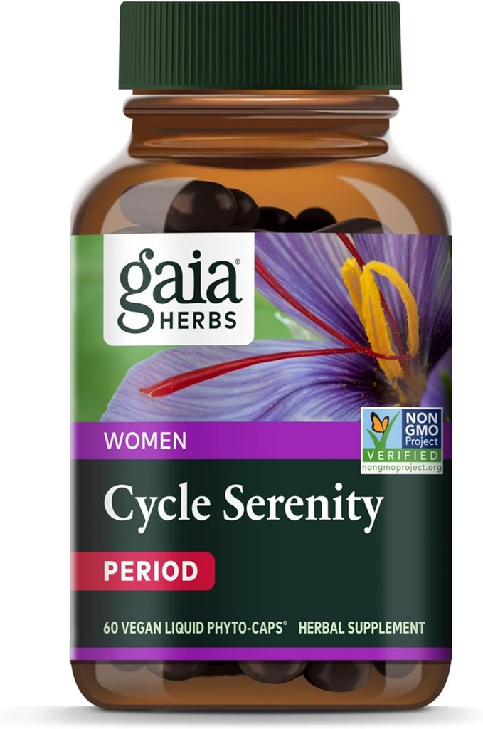 Gaia Herbs Cycle Serenity - Women's Hormonal Balance Supplement - Made with Fenugreek, Saffron, Turmeric & Hawthorn - Free from Gluten, Dairy & Soy - 60 Vegan Capsules (60 Servings)