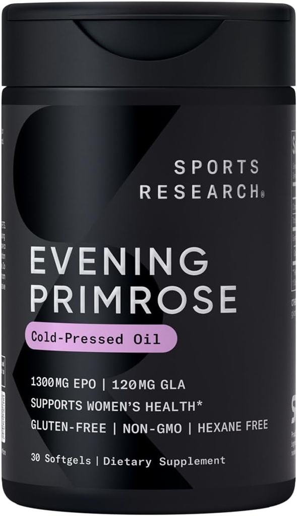Sports Research Evening Primrose Supplement from Cold Pressed Oil - Softgels for Women’s Health & Skin Health - Gluten Free & Non-GMO GLA - High Potency 1300mg, 30 Count