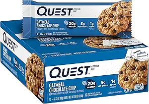 Quest Nutrition Oatmeal Chocolate Chip Protein Bars, 20g Protein, 1g Sugar, 5g Net Carb, Gluten Free, Keto Friendly, 12 Count