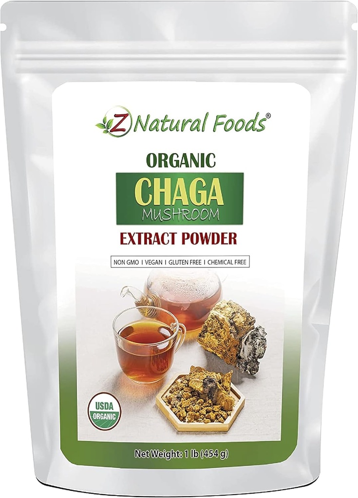 Z Natural Foods Organic Chaga Mushroom Extract σκόνη, συμπυκνωμένο Premium εκχύλισμα μανιταριών για την υποστήριξη της ανοσοποιητικής υγείας, Ενεργοποιήστε το πρωί σας με την προσθήκη του στον καφέ και το τσάι, 1 lb