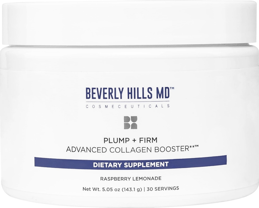 Beverly Hills MD Plump + Firm Advanced Collagen Booster for Aging Skin-Nutrient Powder Drink Mix Formula for Plumper, Firmer, Skin w/Collagen Peptides, Polyphenols, Ceramides (Λεμονάδα Raspberry)