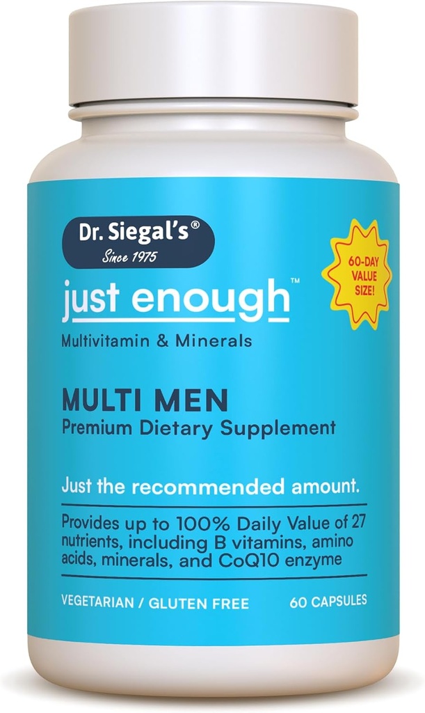 Dr. Siegal's Just Enough Multivitamins for Men - 60 Capses - 60 Servings Vegetarian Multivitamin for Men Caps - Men's Daily Multivitamin - Mens Multivitamins & Multi Minerals Supplement