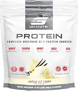 Granite Nutrition Protein Powder - Premium 5-Source Blend (Whey, Casein, Egg, Grass-Fed Beef) for Lean Muscle and Recovery - Vanilla Ice Cream, 30 Servings