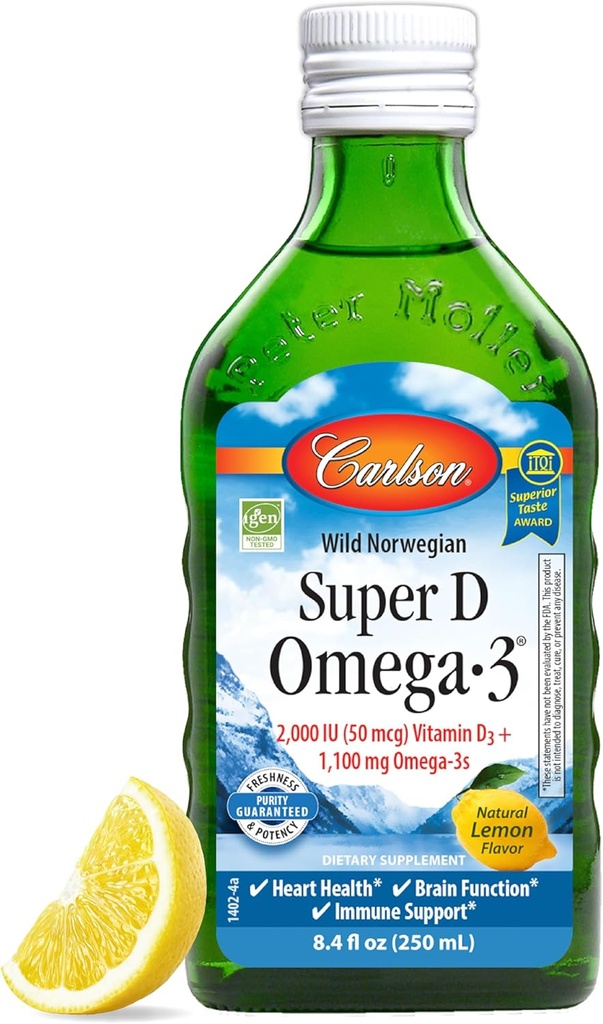 Carlson - Super D Omega-3, Wild-Caught Norwegian Arctic Cod Liver Oil, 2000 IU (50 mcg) Vitamin D3, 1100 mg Omega-3s, Sustainably Sourced Nordic Fish Oil Liquid, Lemon, 250 ml